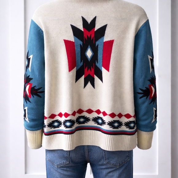 Wrangler Retro Men Or Women's Cream & Teal Aztec Shawl Collar Cardigan Sweater - Picture 2 of 9